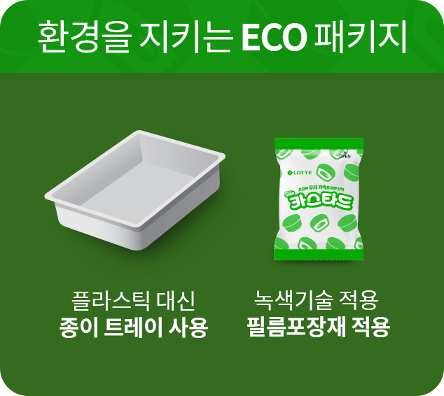 환경을 지키는 eco 패키지 플라스틱 대신 종이 트레이 사용, 녹색기술 적용 필름포장재 적용