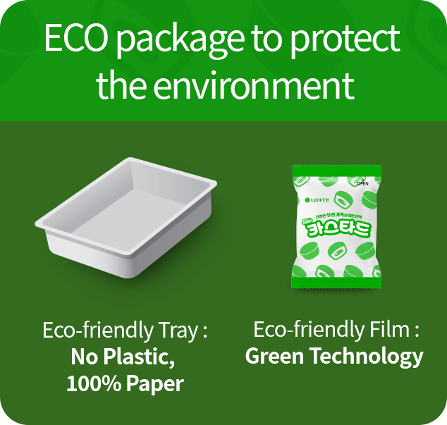 ECO package to protect the environment, Eco-friendly Tray :  
              No Plastic, 100% Paper , Eco-friendly Film : Green Technology